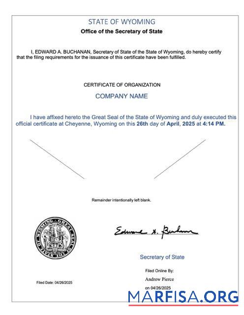 Blank USA Wyoming certificate of organization Word and PDF template